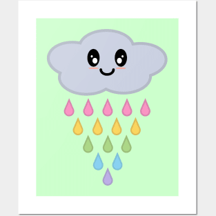 Kawaii Cute Raining Rainbow Rain Cloud in Green Posters and Art